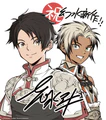 Announcement image featuring the Hero and Hugo from Shimizu Aki's previous Suikoden work